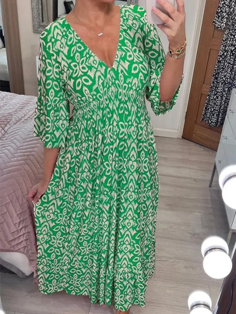 Bohemian Casual Print V-neck Waist Wrap Long Dress