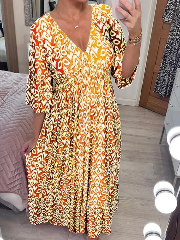 Bohemian Casual Print V-neck Waist Wrap Long Dress
