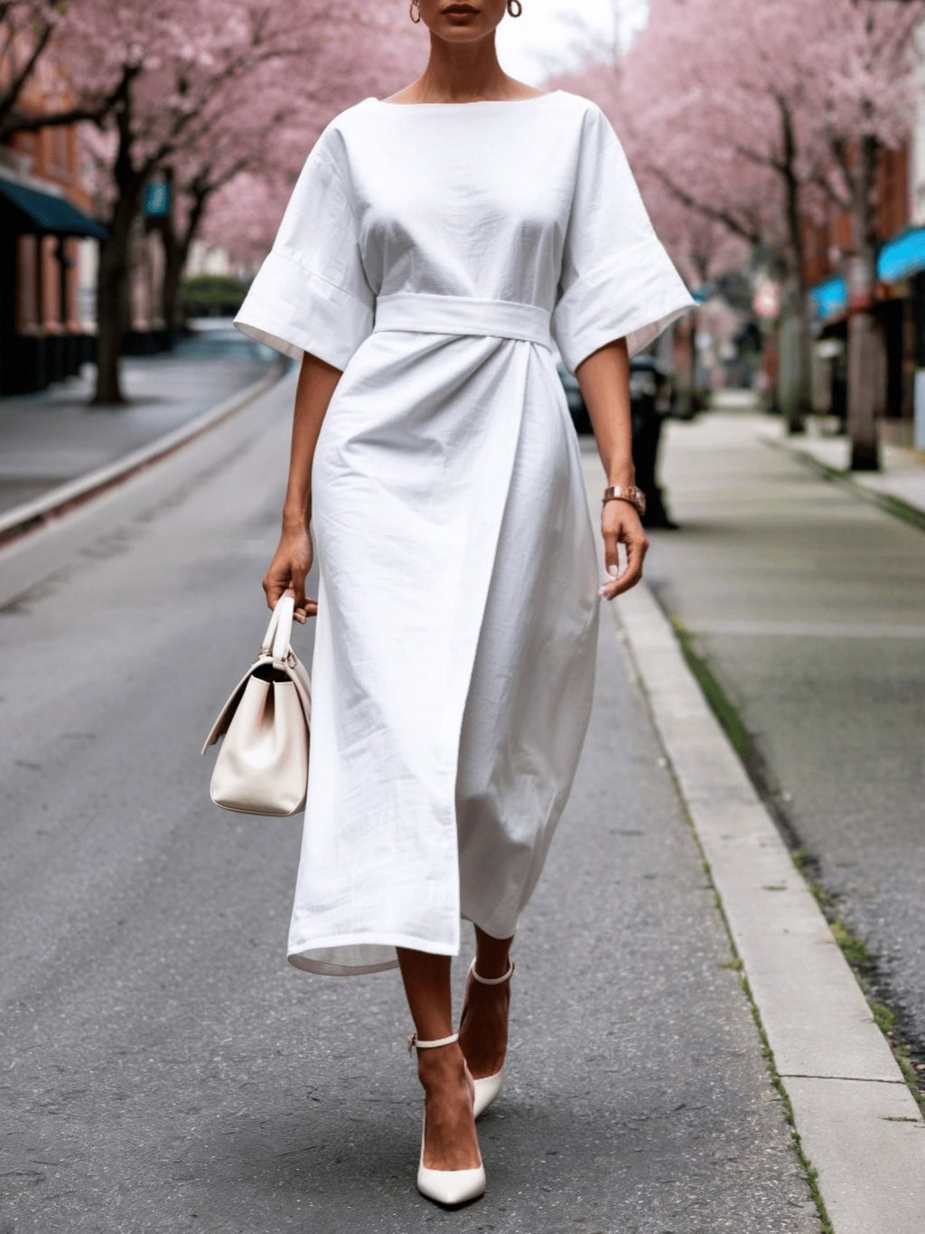 Linen Boat Neck Tie Loose Dress