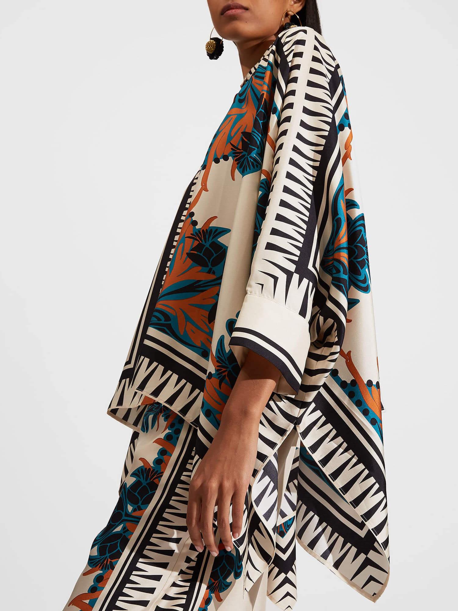 Fine Satin Floral Print Batwing Sleeve Shirt+Pants Suit