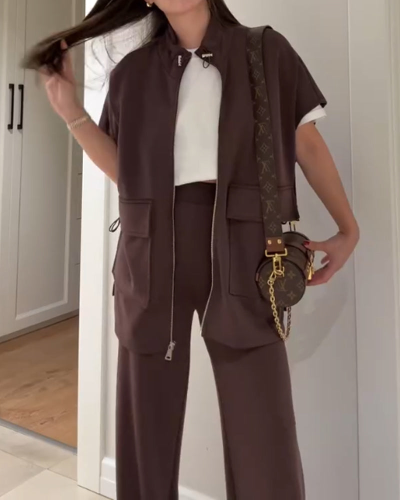 Casual Waist Stretch Detail Top & Pants Two-Piece Set