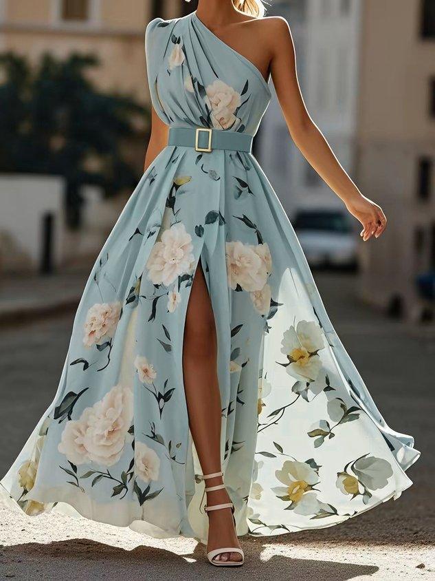 Light Green Floral Ruched One Shoulder A-Line Maxi Chiffon Dress