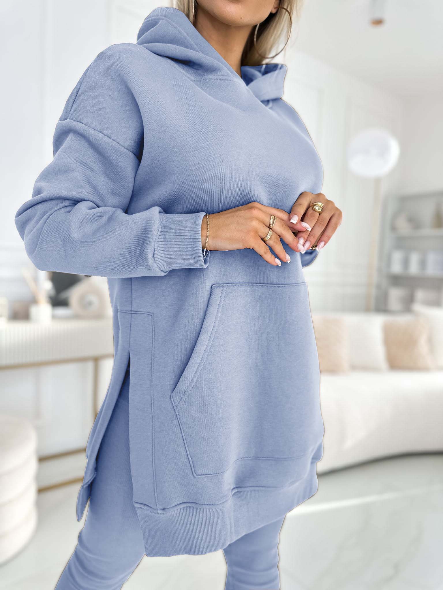 Fashion Solid Color Hoodie and Lined Leggings Two-piece Set