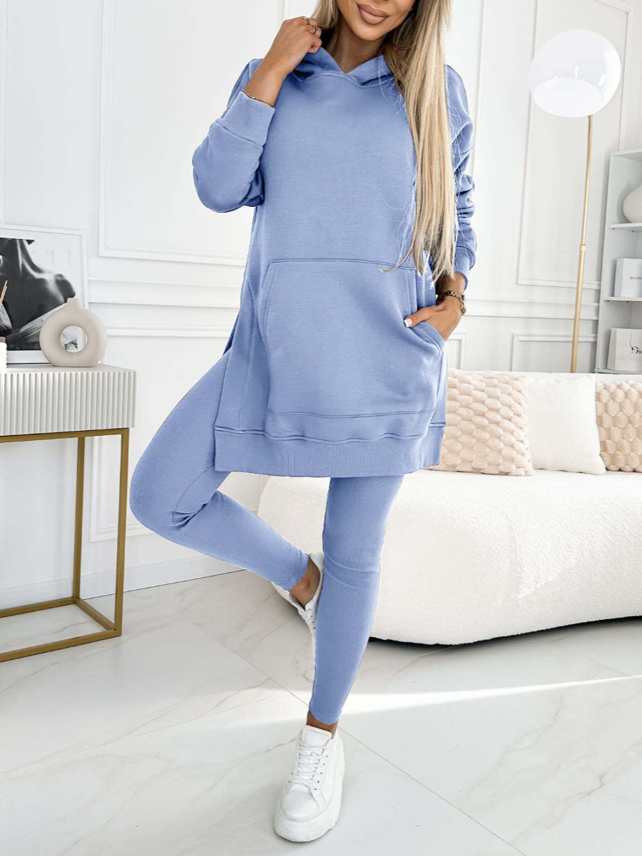Fashion Solid Color Hoodie and Lined Leggings Two-piece Set