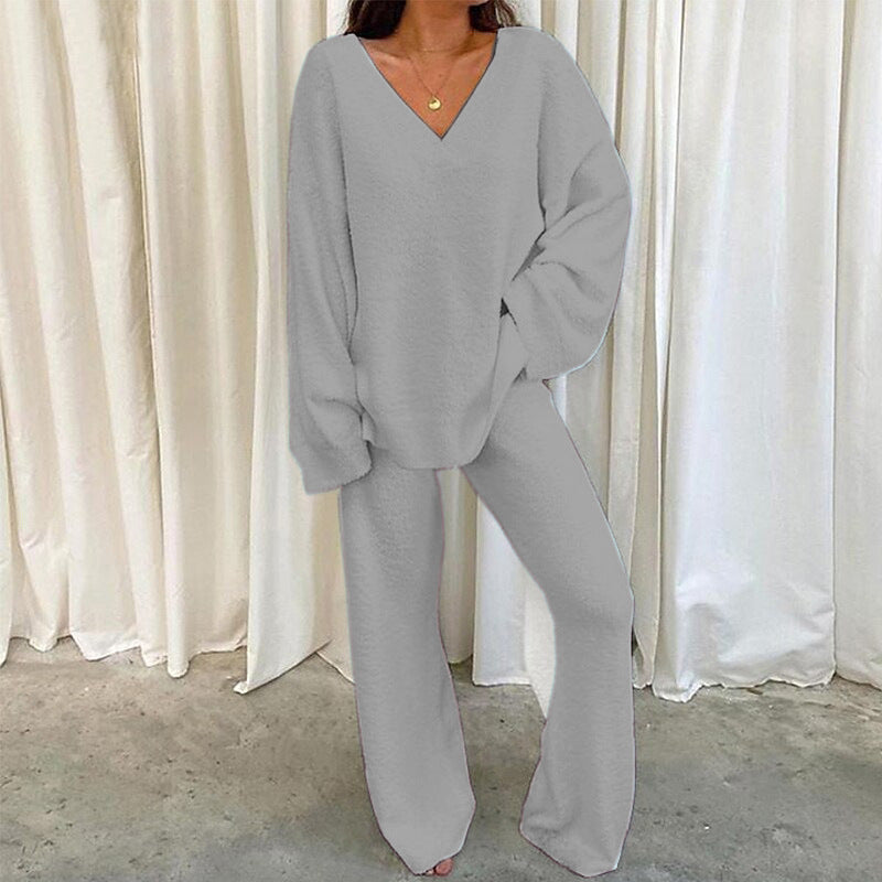 Comfortable Solid Color V-neck Daily  Two-piece Set