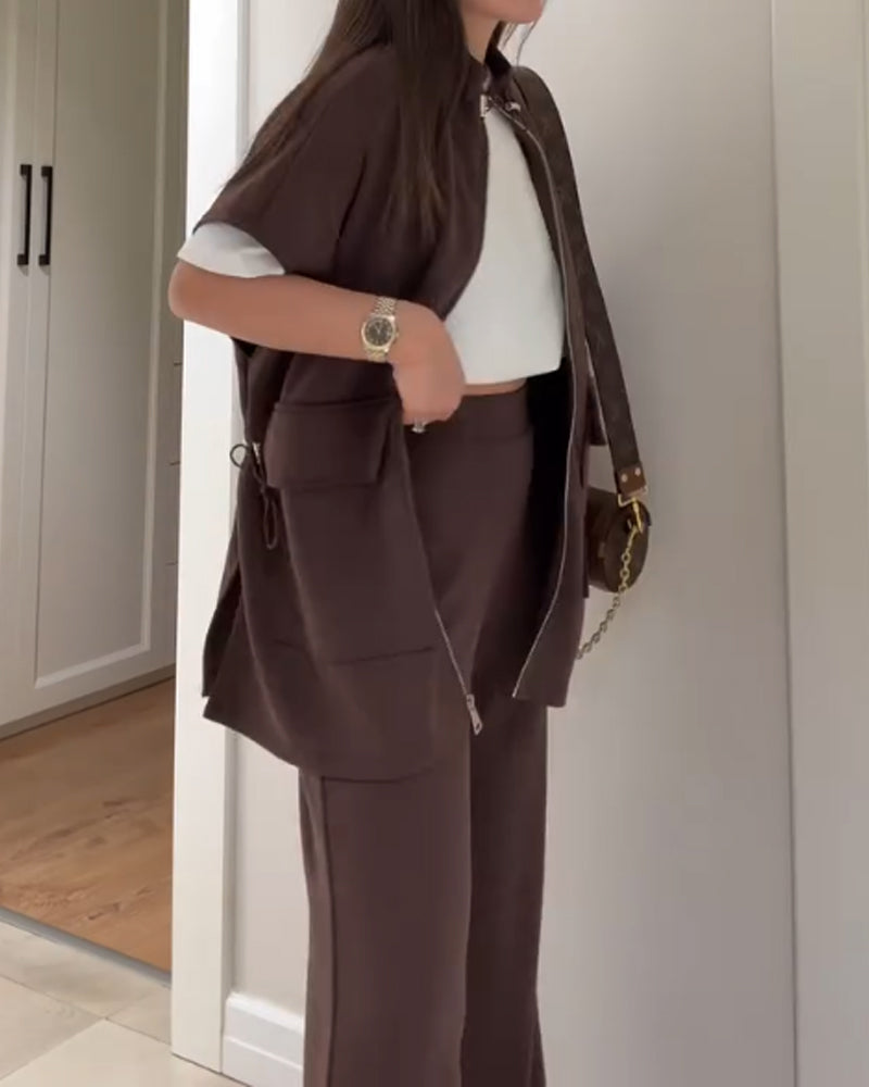 Casual Waist Stretch Detail Top & Pants Two-Piece Set