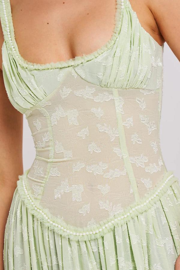 Light Green Square Neck Jacquard Textured High Slit Maxi Dress