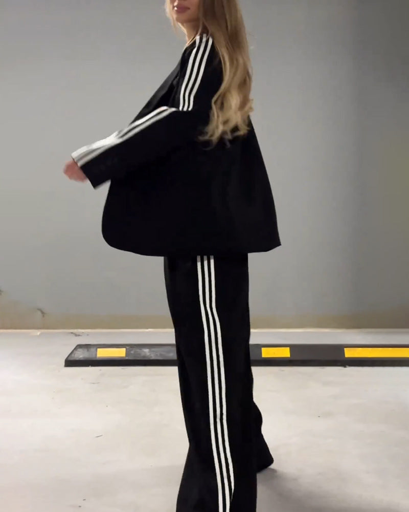 Fashionable Striped Blazer & Wide Leg Pants Two-Piece Set