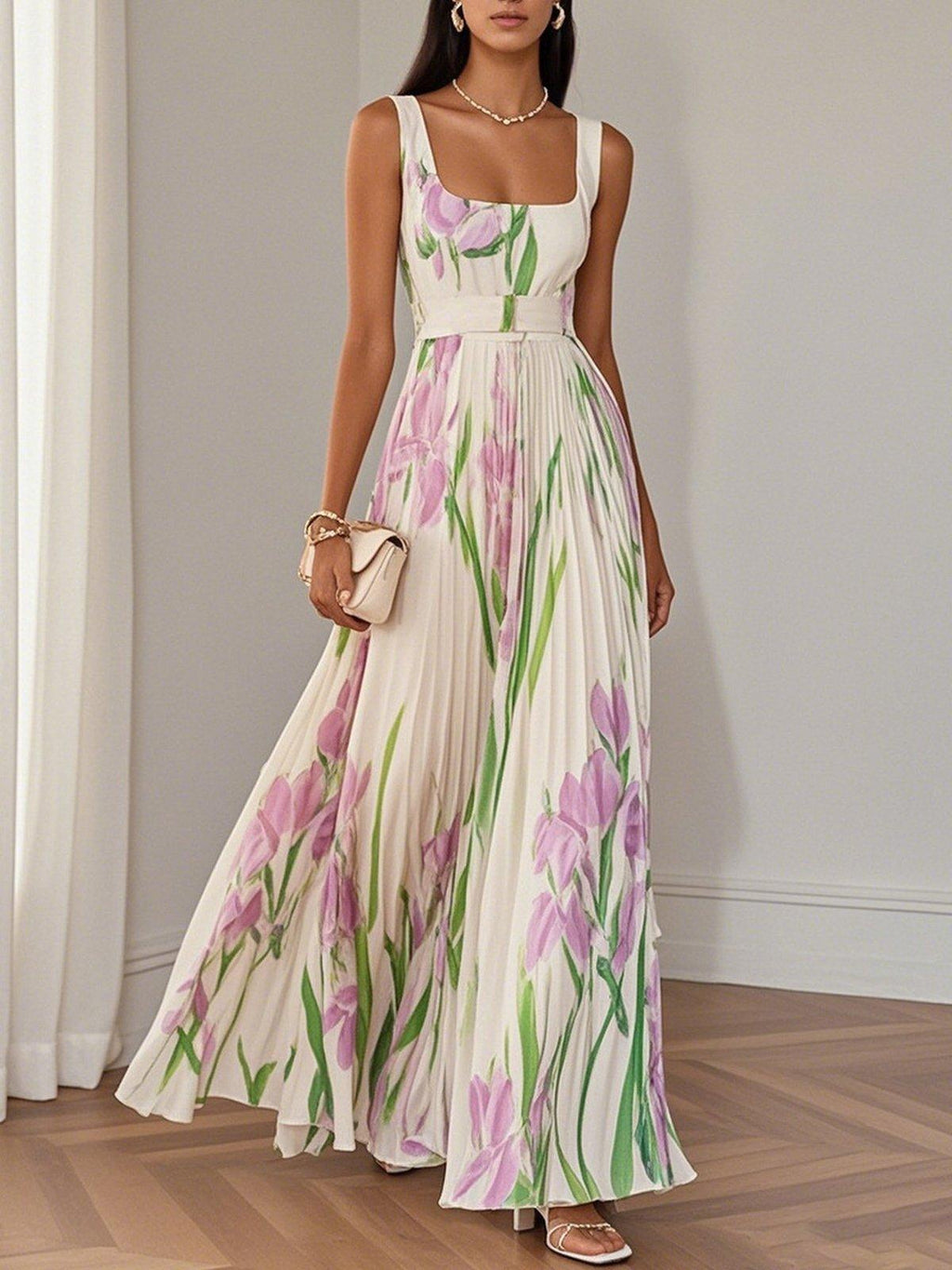 White Pleated Floral Chiffon Square Neck Sleeveless A-Line Maxi Dress
