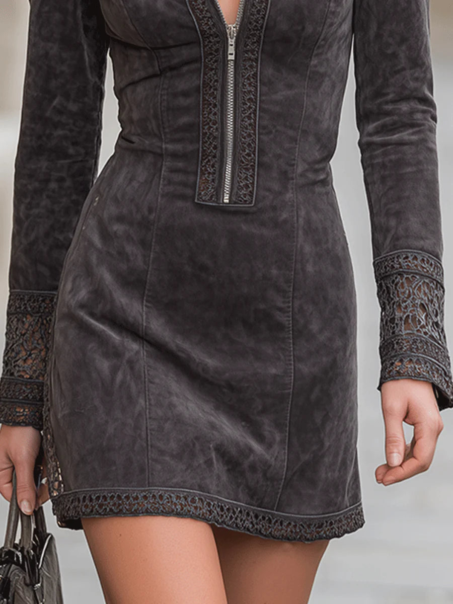 Lapel Zipper Suede Lace Mini Dress