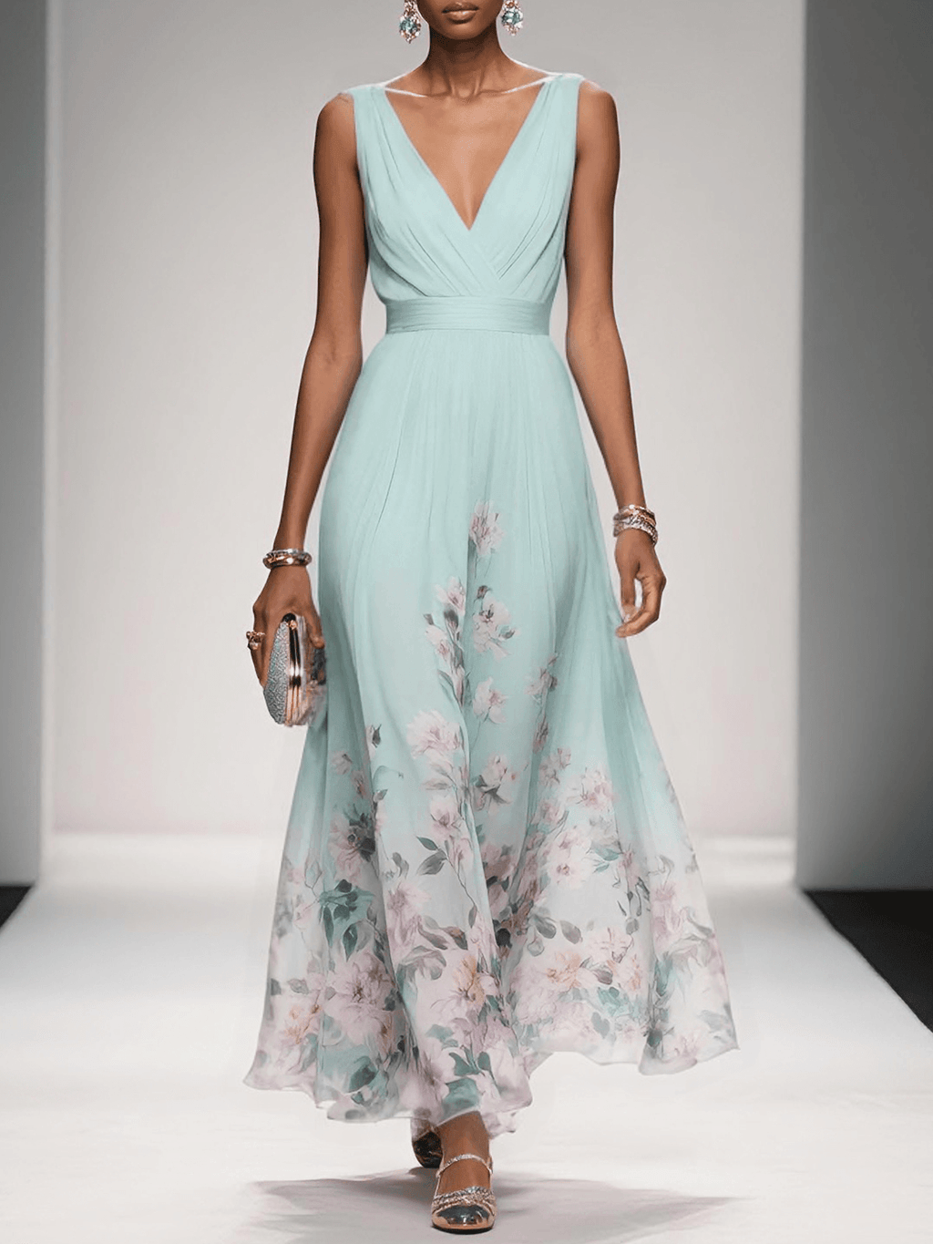 Light Blue Floral Chiffon V Neck Sleeveless A-Line Maxi Dress