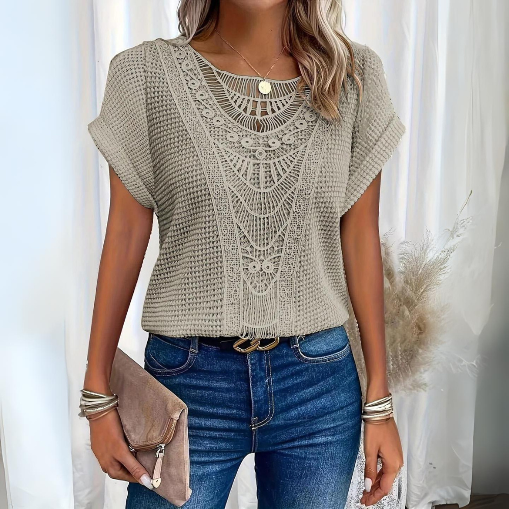 Elegant Lace Patchwork Hollow Short-sleeved Top