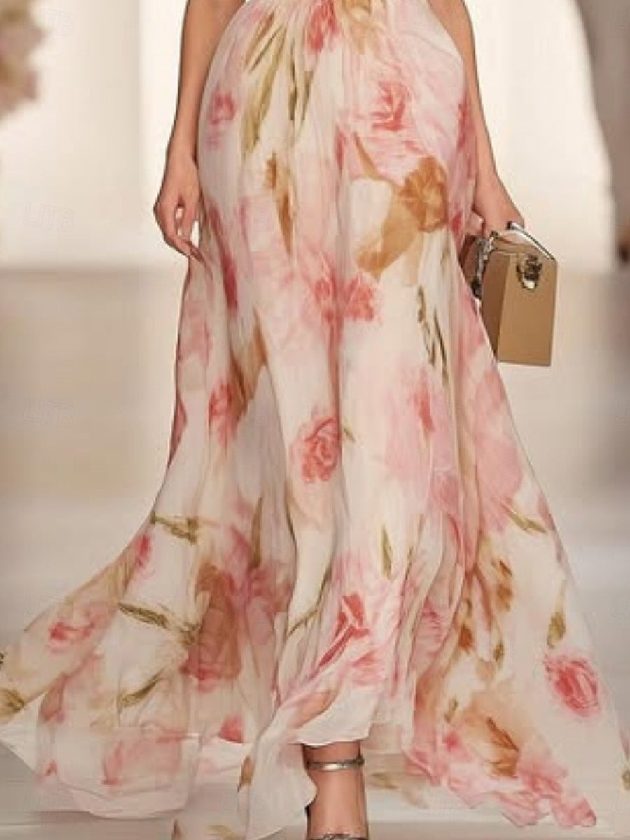 Floral Print V-neck Short-sleeved Waist Casual Maxi Dress