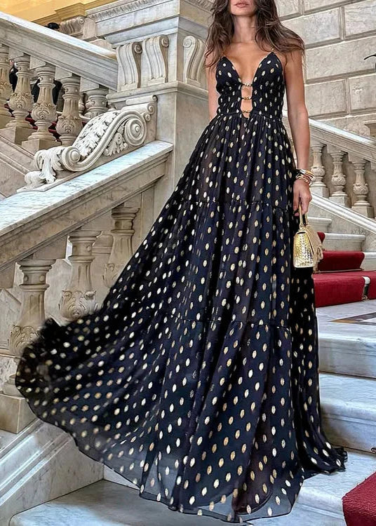 Black and Gold Polka Dots V-neck One Piece Swimsuit and Skirt