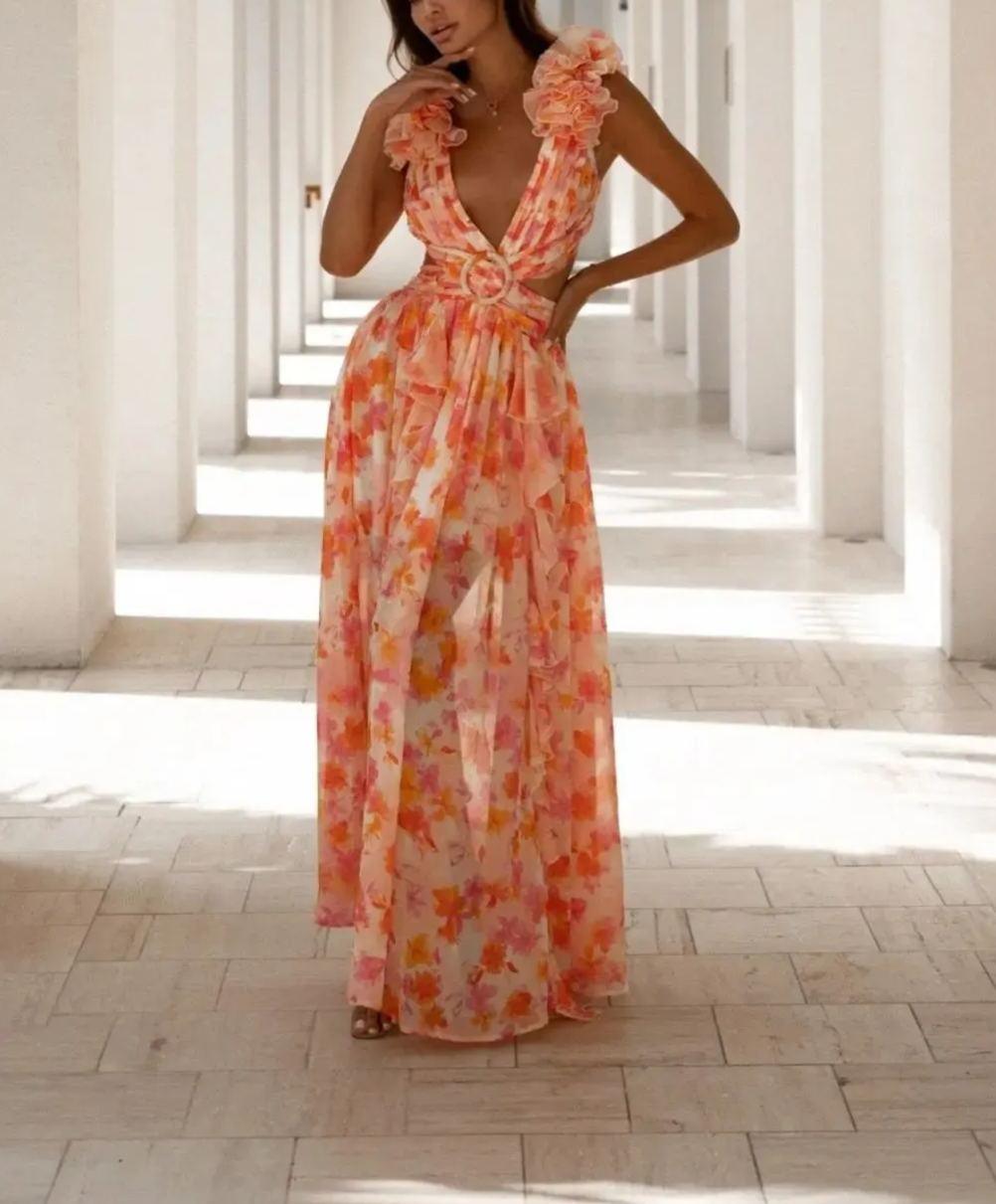 Orange Fuchsia Cassini Maxi Dress