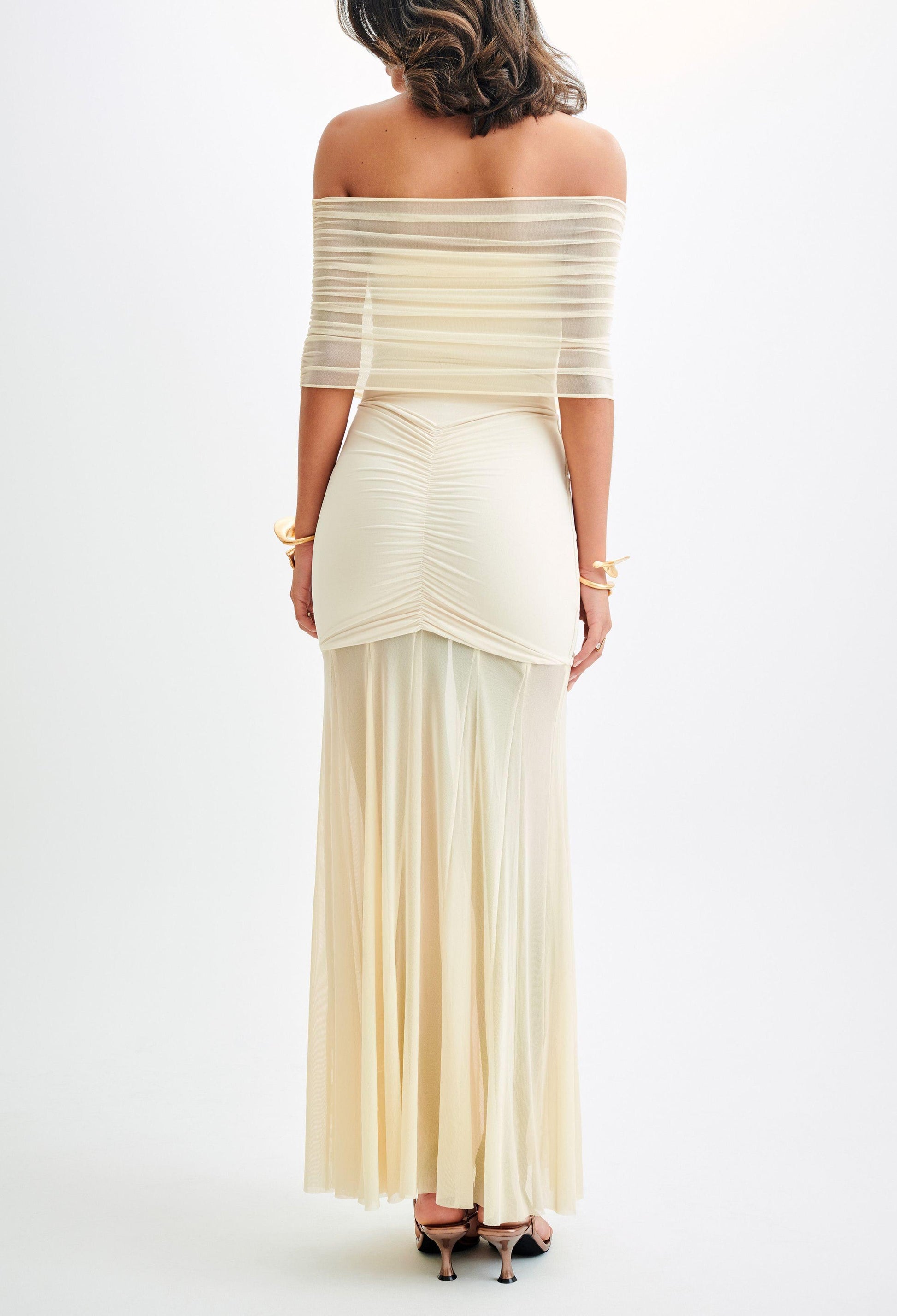 Caspian Slinky And Mesh Off Shoulder Maxi Dress