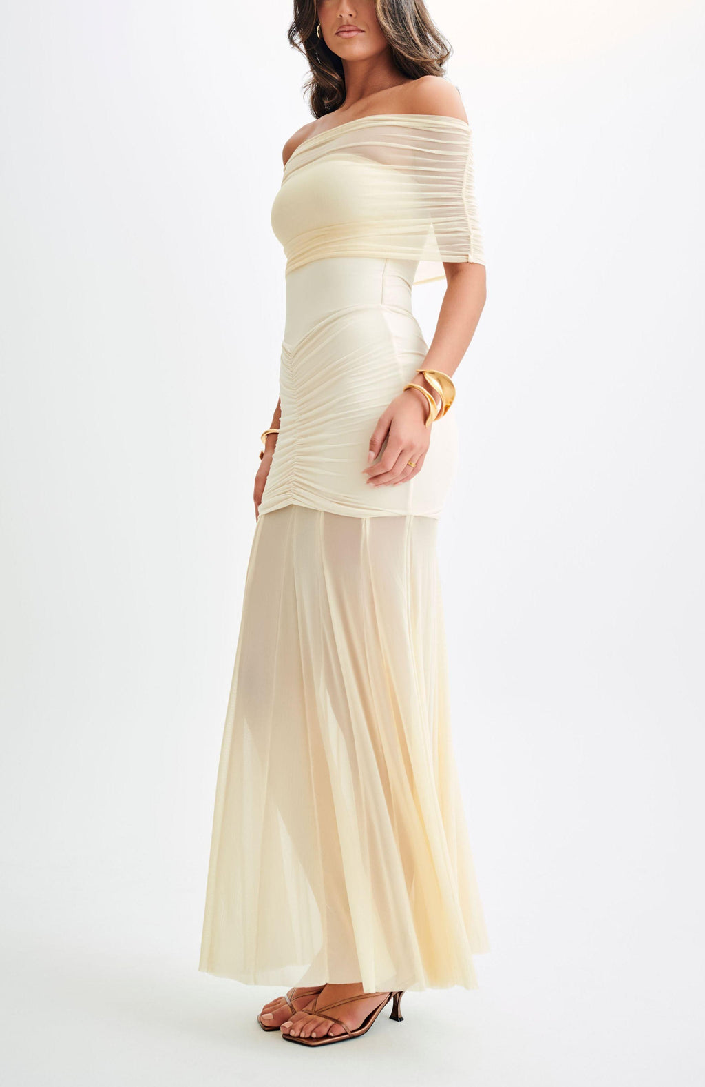 Caspian Slinky And Mesh Off Shoulder Maxi Dress