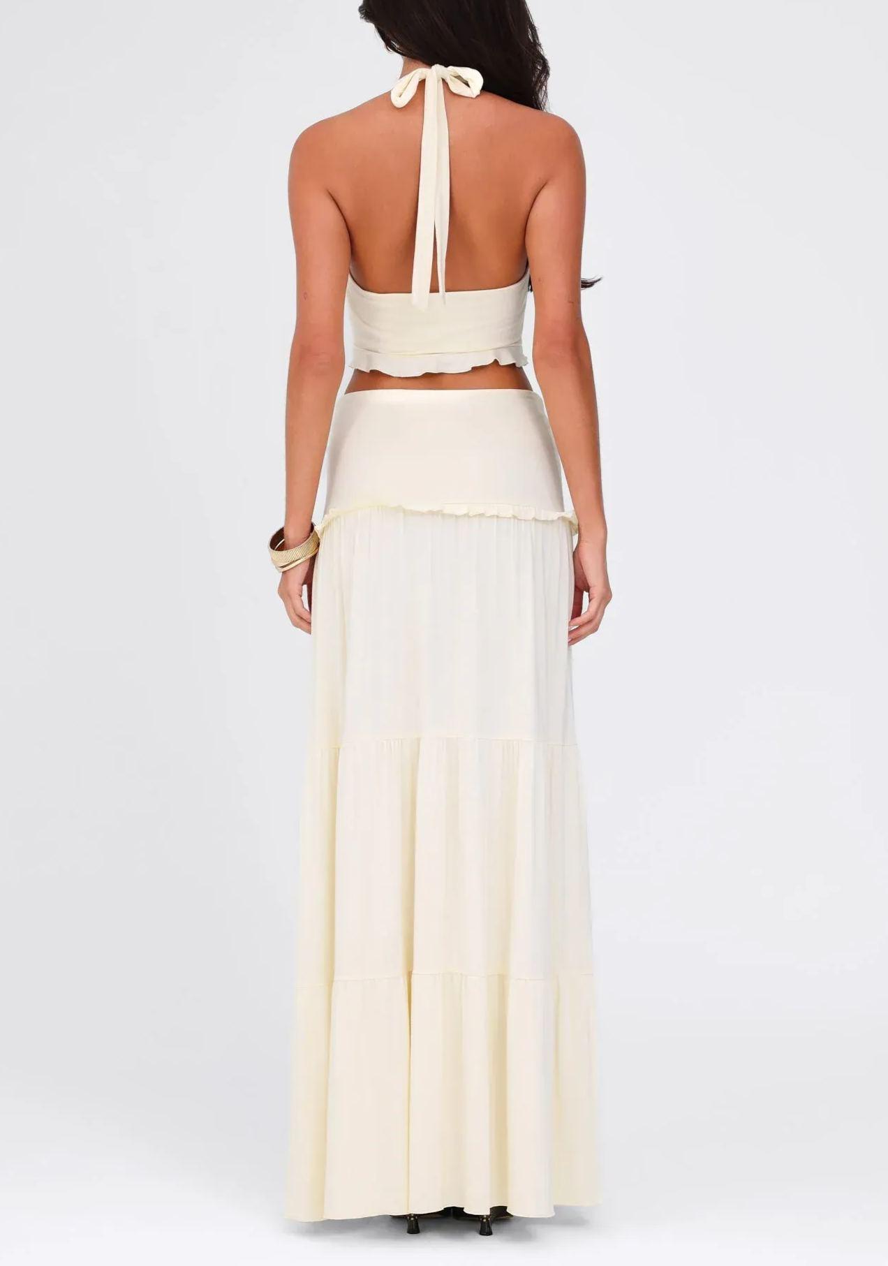 Ruffle hem halter neck twist long skirt two piece set