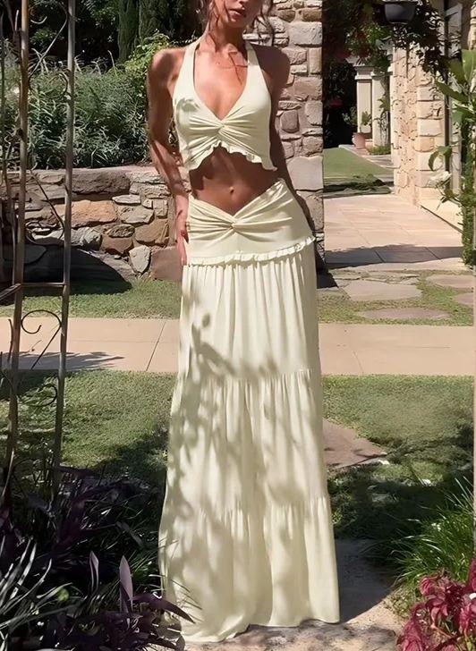 Ruffle hem halter neck twist long skirt two piece set