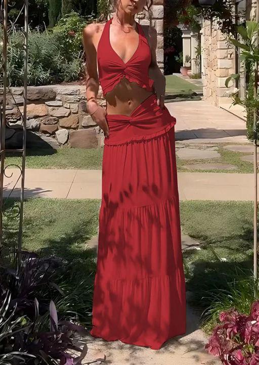 Ruffle hem halter neck twist long skirt two piece set