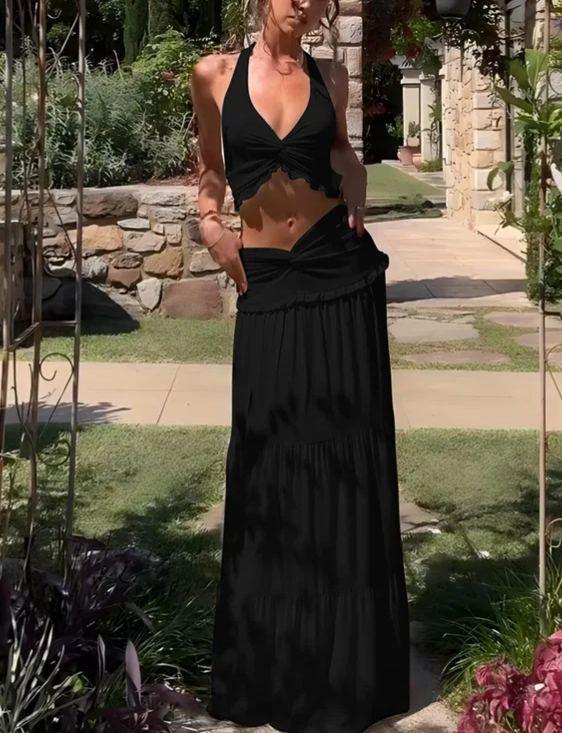 Ruffle hem halter neck twist long skirt two piece set
