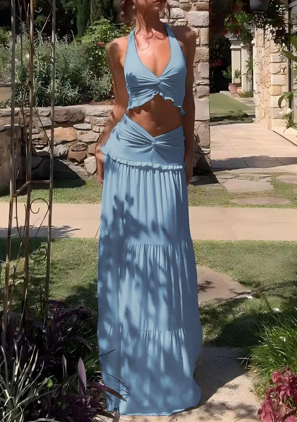 Ruffle hem halter neck twist long skirt two piece set