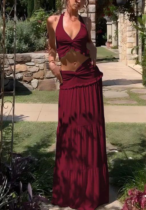 Ruffle hem halter neck twist long skirt two piece set