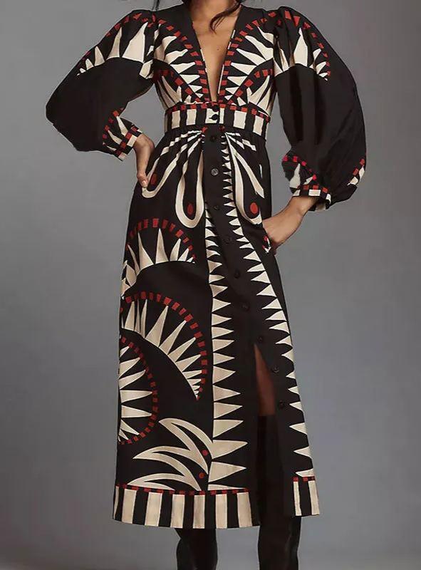 Retro Print Long Sleeve Fashion V Neck Lantern Sleeve Dress