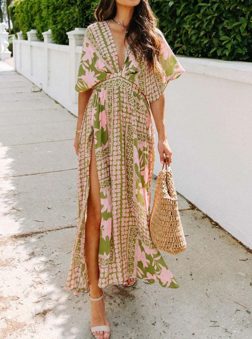 Floral Plunge Half Sleeve Dress