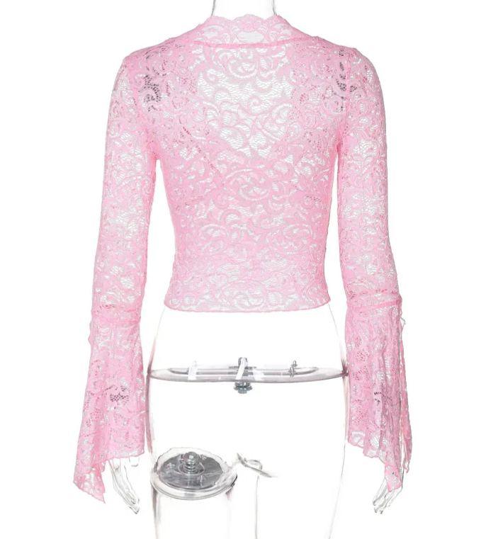 Slim Fit Cropped Long Sleeve Lace Top