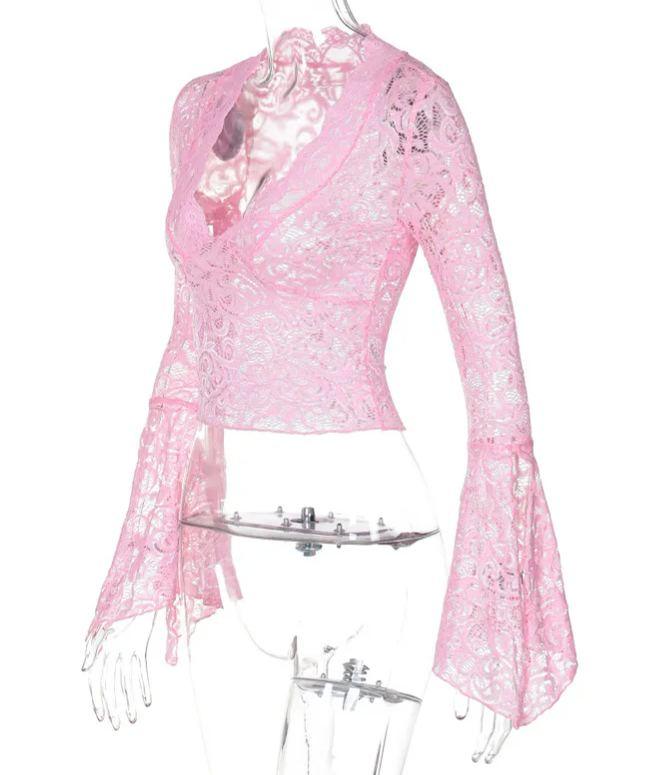 Slim Fit Cropped Long Sleeve Lace Top