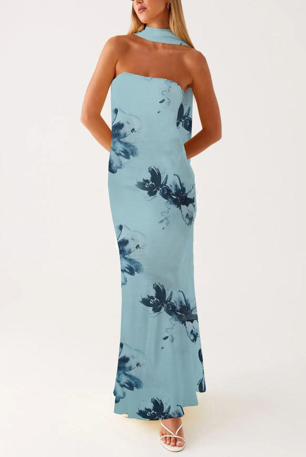 Digital print backless dress