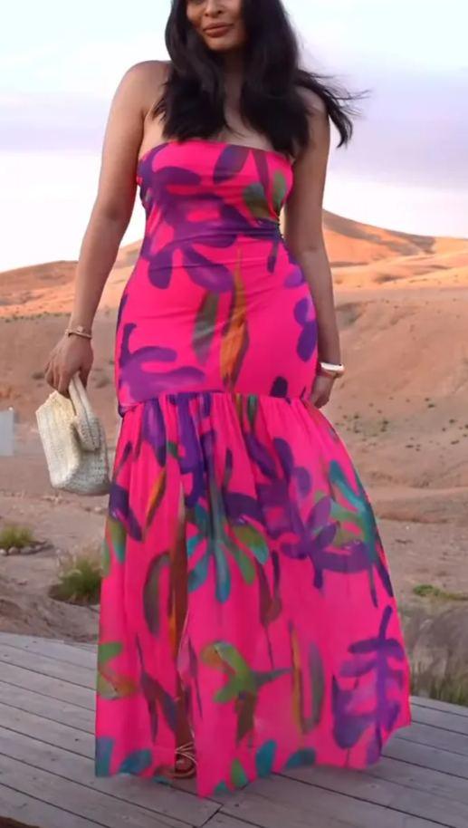 Fashion Sexy Strapless Slit Print Dress