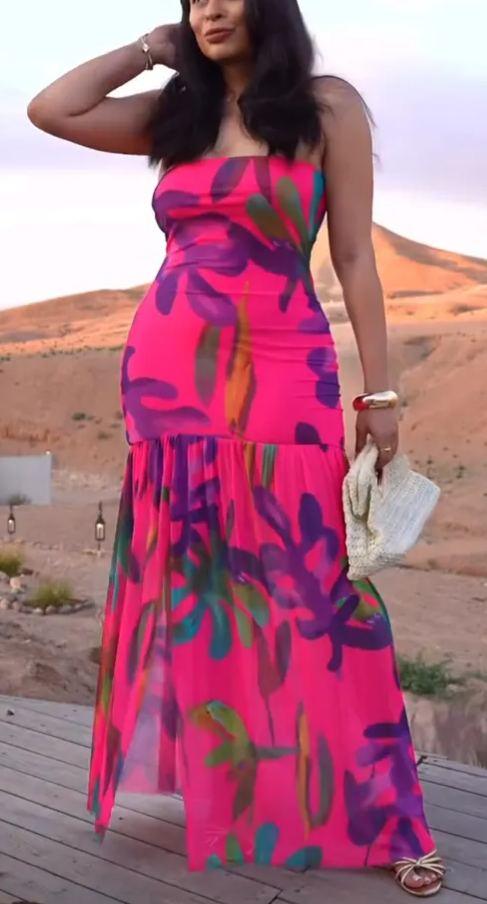 Fashion Sexy Strapless Slit Print Dress