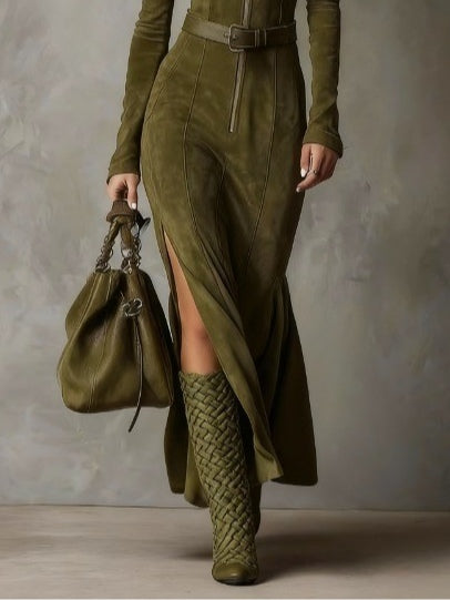 Vintage Green Zipper Belted Maxi Dress（Includes belt）