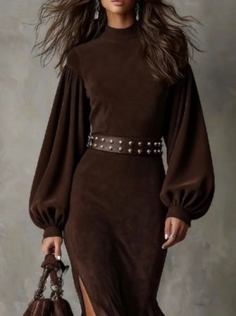 Retro lantern long-sleeved half-high collar maxi dress（Includes belt）