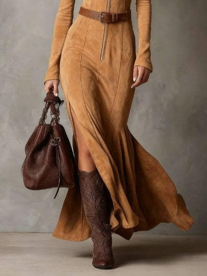 Vintage Camel Zipper Belted Maxi Dress（Includes belt）
