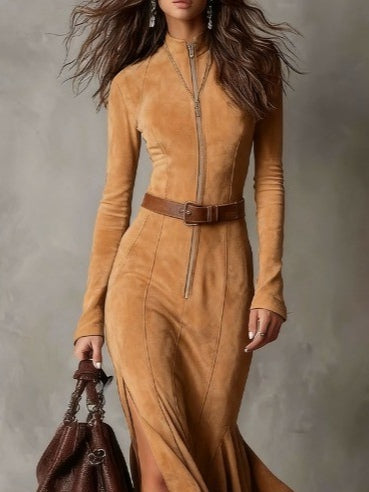Vintage Camel Zipper Belted Maxi Dress（Includes belt）
