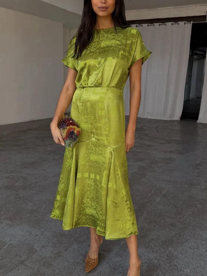 Lime Green Satin Print Elegant Dress
