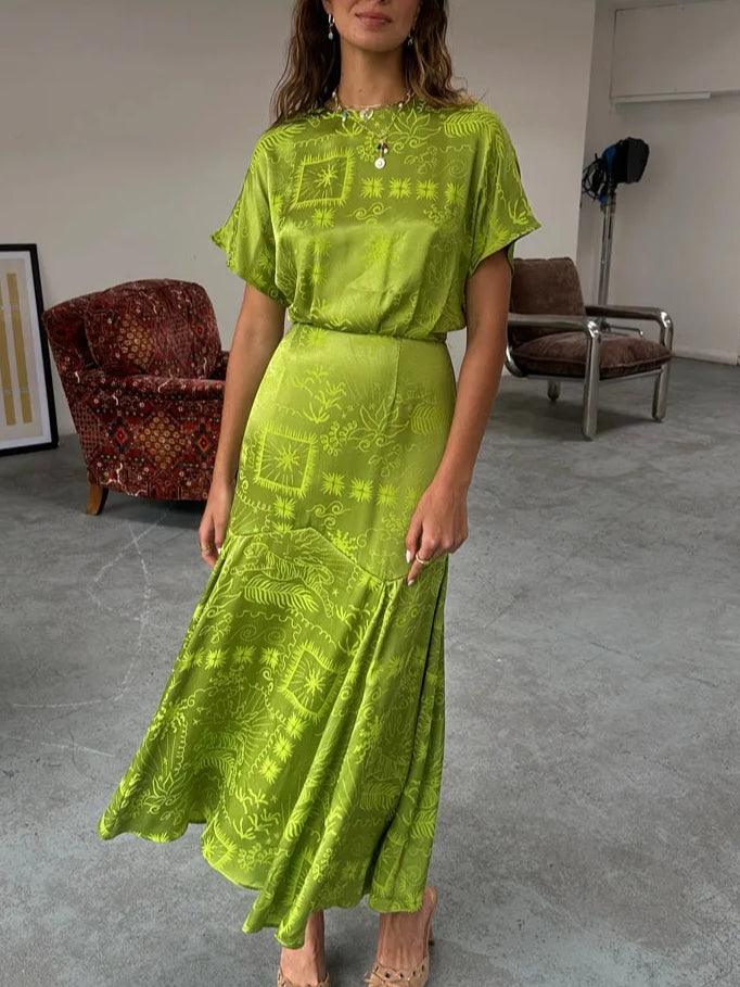 Lime Green Satin Print Elegant Dress