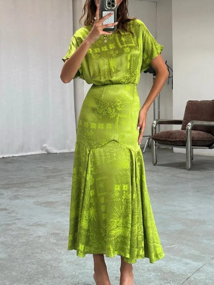 Lime Green Satin Print Elegant Dress
