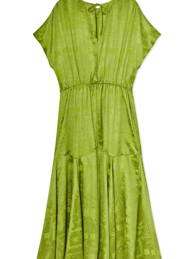 Lime Green Satin Print Elegant Dress
