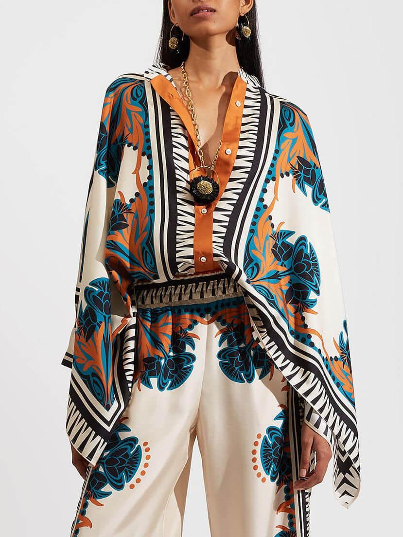 Fine Satin Floral Print Batwing Sleeve Shirt+Pants Suit